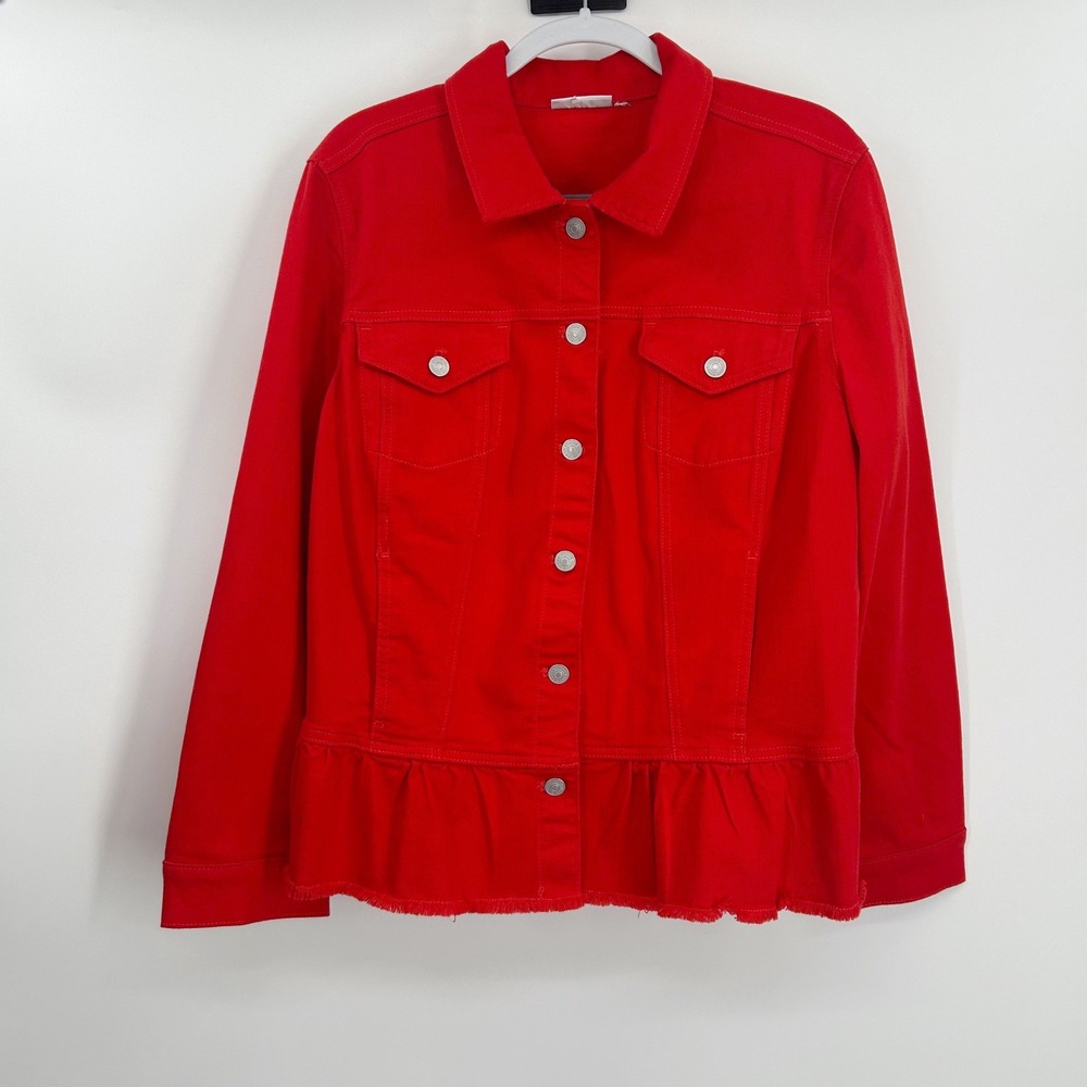 Chicos Red Denim Jacket Peplum Frayed Hem Button Front Stretch 0905